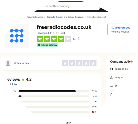 screenshot of trustpilot profile of freeradiocodes.co.uk